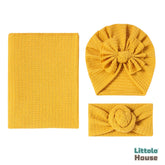 Baby Knotted Waffle Turban with Hairband and Blanket Set of 3 SR089 | NB | Mustard